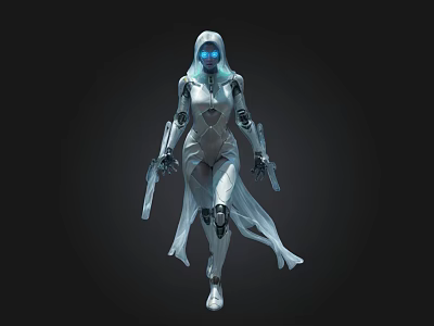 Futuristic Female Robot 3D Model With White Armor Blue Glowing Eyes And Weapons 3d model