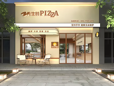Pizza Shop Storefront With Glass Doors Awning Outdoor Seating And Green Plants 3d model