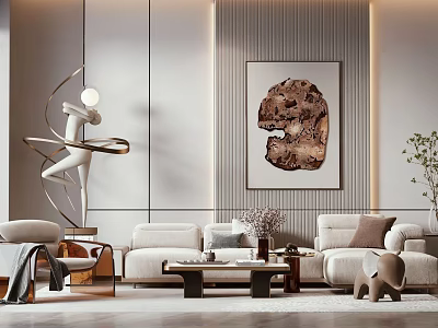 Modern Living Room Sofa Coffee Table Set With Artwork Floor Lamp And Decorative Pillows 3d model