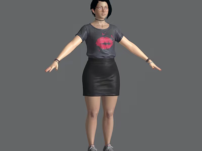 Woman in Red Lips Print T-shirt and Black Leather Skirt with Necklace Bracelets and Sneakers 3d model