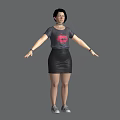 Woman in Red Lips Print T-shirt and Black Leather Skirt with Necklace Bracelets and Sneakers