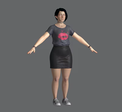 Woman in Red Lips Print T-shirt and Black Leather Skirt with Necklace Bracelets and Sneakers 3d model