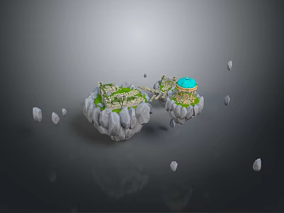 Floating Islands Featuring Green Grass Blue Dome Building And Floating Rocks 3d model