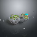 Floating Islands Featuring Green Grass Blue Dome Building And Floating Rocks