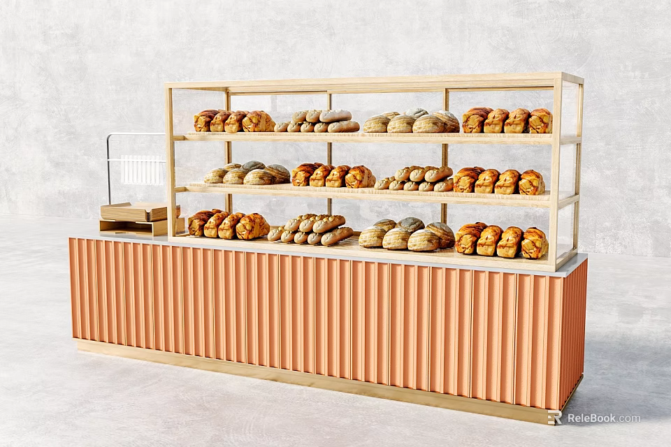 Wooden Bakery Display Shelf Showcasing Multiple Tiers Of Fresh Bread With Orange Counter 3d model 