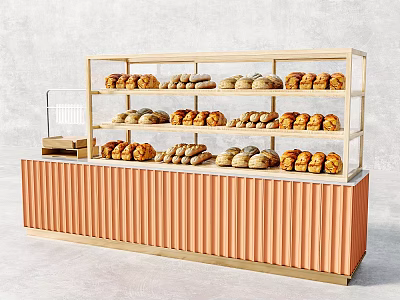 Wooden Bakery Display Shelf Showcasing Multiple Tiers Of Fresh Bread With Orange Counter 3d model