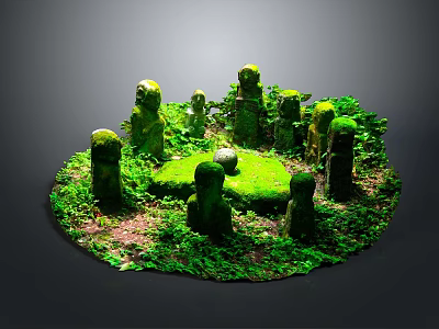 Ancient Stone Statues Arrangement With Circular Mossy Platform And Green Plants 3d model