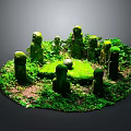 Ancient Stone Statues Arrangement With Circular Mossy Platform And Green Plants
