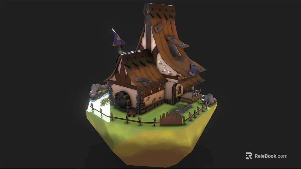 Cartoon Scene Of Floating Island With Quirky House Tilted Roof Watermill And Wooden Fence 3d model 