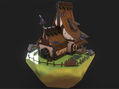 Cartoon Scene Of Floating Island With Quirky House Tilted Roof Watermill And Wooden Fence 3d model