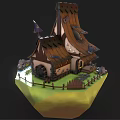 Cartoon Scene Of Floating Island With Quirky House Tilted Roof Watermill And Wooden Fence