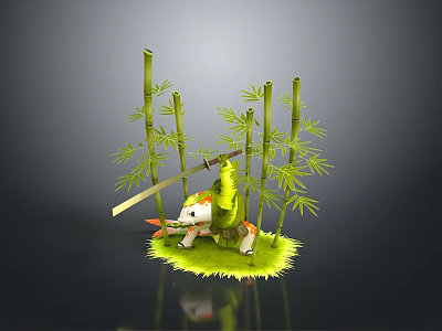 Small Animal Shaped Green Game Movie Character With Sword Among Bamboo on Grass 3d model