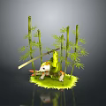 Small Animal Shaped Green Game Movie Character With Sword Among Bamboo on Grass