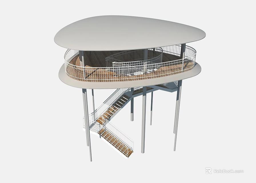 Garden Landscape Circular Observation Deck With Wooden Flooring White Railings Spiral Staircase Supporting Pillars 3d model 