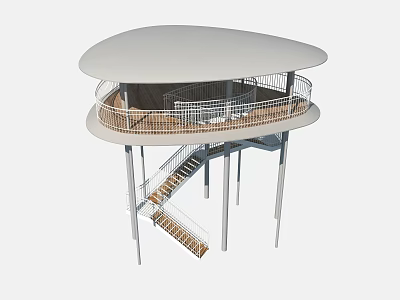 Garden Landscape Circular Observation Deck With Wooden Flooring White Railings Spiral Staircase Supporting Pillars 3d model