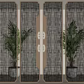 Modern Room Divider with Golden Grid Frame Design and Potted Palm Plants 3d model