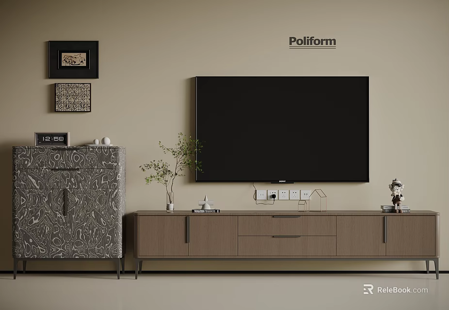 Modern Wooden TV Stand With Wall Mounted TV Potted Plant And Decorative Frames 3d model 