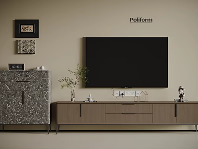 Modern Wooden TV Stand With Wall Mounted TV Potted Plant And Decorative Frames 3d model