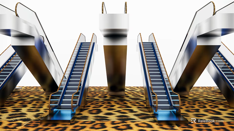 Modern Stairs With Blue Handrails Metal Steps Central White Column And Leopard Print Floor 3d model 
