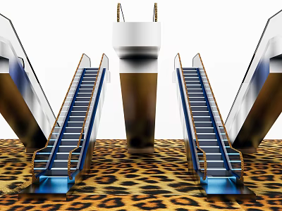 Modern Stairs With Blue Handrails Metal Steps Central White Column And Leopard Print Floor 3d model