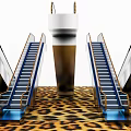 Modern Stairs With Blue Handrails Metal Steps Central White Column And Leopard Print Floor