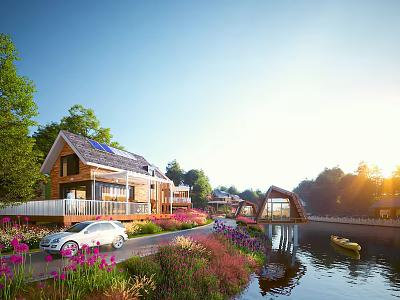 Detached Villa with Solar Panels Wooden Exterior in Sunlit Garden by River Boat and Bridge 3d model