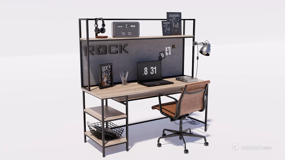 Modern Industrial Desk With Laptop Lamp Clock Headphones And Office Chair 3d model 