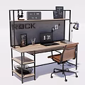Modern Industrial Desk With Laptop Lamp Clock Headphones And Office Chair