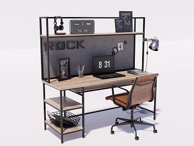 Modern Industrial Desk With Laptop Lamp Clock Headphones And Office Chair 3d model