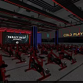 Indoor Spin Bike Fitness Studio With Large Screen Tutorial And Red Lighting 3d model