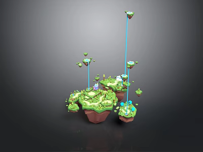 Lush Natural Floating Islands With Green Grass And Blue Structural Supports 3d model