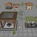 Outdoor Leisure Space With Pavilions Seating Green Vines And Stone Pavement