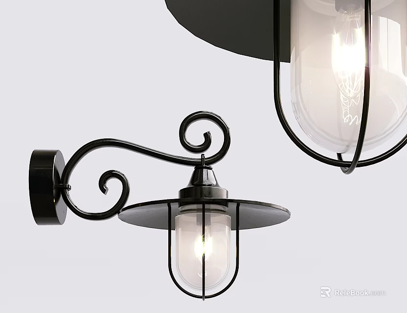 Modern Wall Sconce With Black Metal Curved Scroll Design Transparent Glass Shade And Illuminated Bulb 3d model 