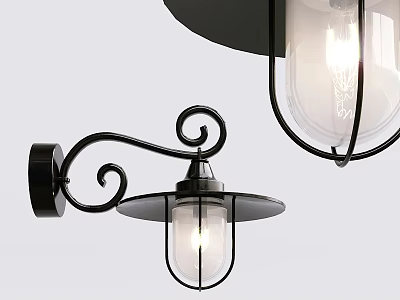 Modern Wall Sconce With Black Metal Curved Scroll Design Transparent Glass Shade And Illuminated Bulb 3d model