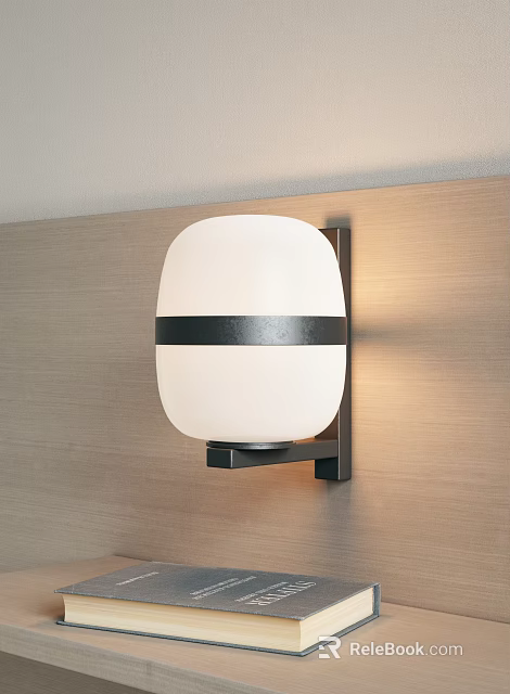 Stylish Modern Wall Lamp Featuring White Shade Black Horizontal Band On Wooden Wall 3d model 
