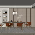 Modern Dining Room Interior With Wooden Table Chairs Pendant Light Grid Wall And Wine Cabinet