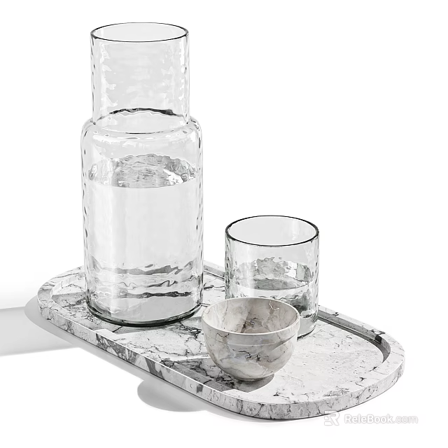 Transparent Glass Cup with Water Jug on Elegant Marble Tray for Home Decor 3d model 