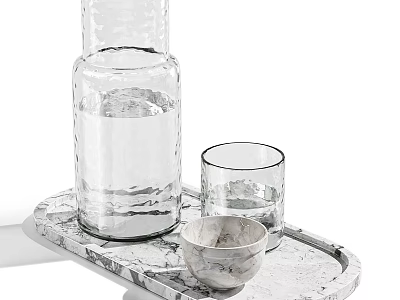 Transparent Glass Cup with Water Jug on Elegant Marble Tray for Home Decor 3d model