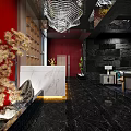 Elegant Hotel Lobby Interior With Red Wall Modern Chinese Decor And Marble Reception Desk