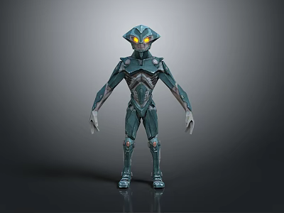 Sci-Fi Armored Creature Character 3D Model With Glowing Yellow Eyes And Teal Exoskeleton 3d model