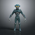 Sci-Fi Armored Creature Character 3D Model With Glowing Yellow Eyes And Teal Exoskeleton