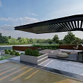 Modern Curved Roof Landscape Pavilion With Wooden Slats Greenery And Seating Area