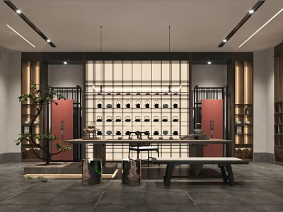 Traditional Chinese Teahouse Interior With Wooden Grilles Red Doors And Tea Set Display Shelves 3d model