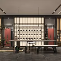 Traditional Chinese Teahouse Interior With Wooden Grilles Red Doors And Tea Set Display Shelves
