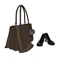 Brown Tote Handbag With Blue Pom Pom And Matching Brown High Heels