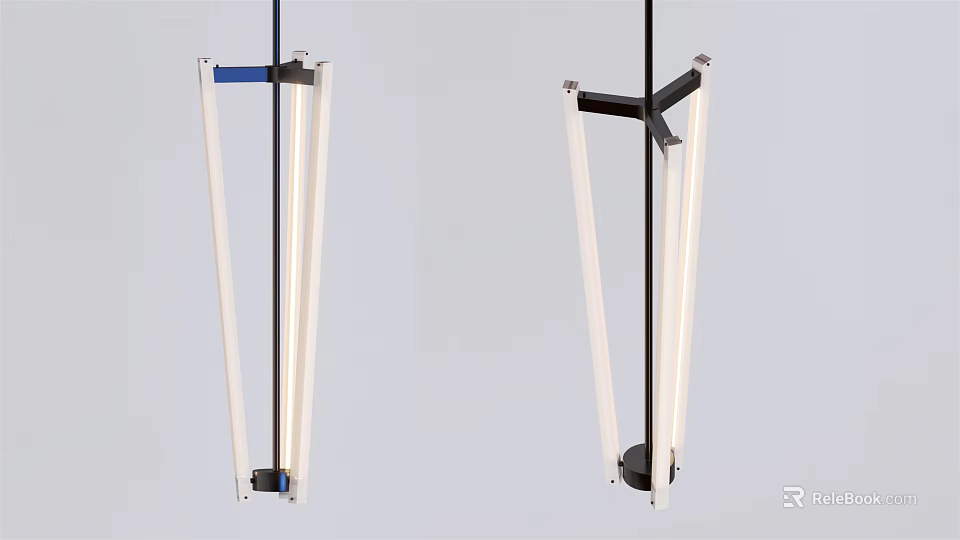 Two Modern Hanging Chandeliers with White Light Tubes and Black Blue Frames 3d model