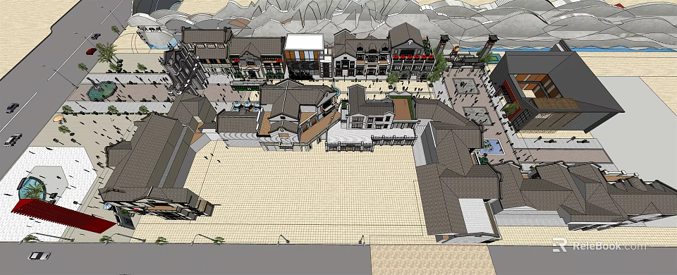 Traditional Commercial Street with Classic Architecture Plaza Pedestrian Walkways and Retail Shops 3d model 