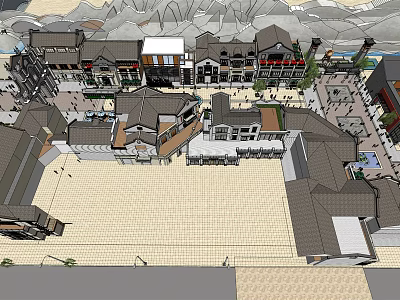 Traditional Commercial Street with Classic Architecture Plaza Pedestrian Walkways and Retail Shops 3d model