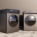 Two Modern Washing Machines With Transparent Circular Doors Silver Black Finish And Digital Controls