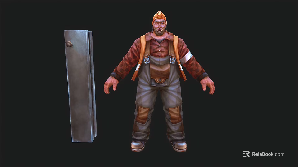 Man In Orange Hard Hat And Brown Overalls Standing By Gray Metal Cabinet 3d model 